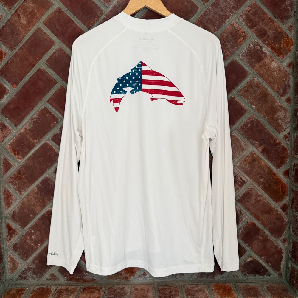 Simms SolarFlex Fishing Shirt Mens Large White US Flag Trout UPF50 Long Sleeve